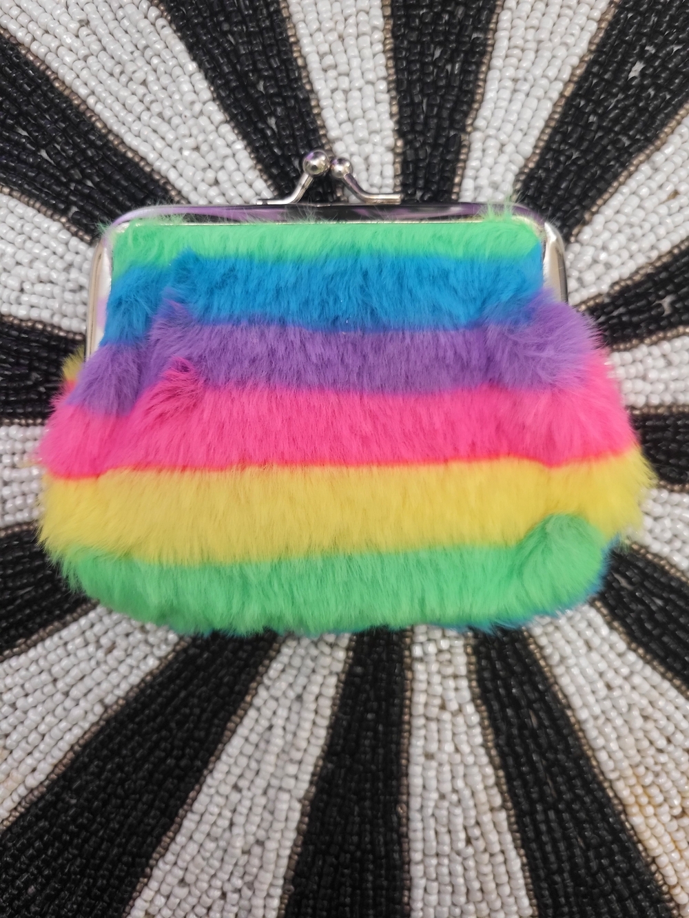 Rainbow Faux Fur Kiss-Lock Coin Purse
